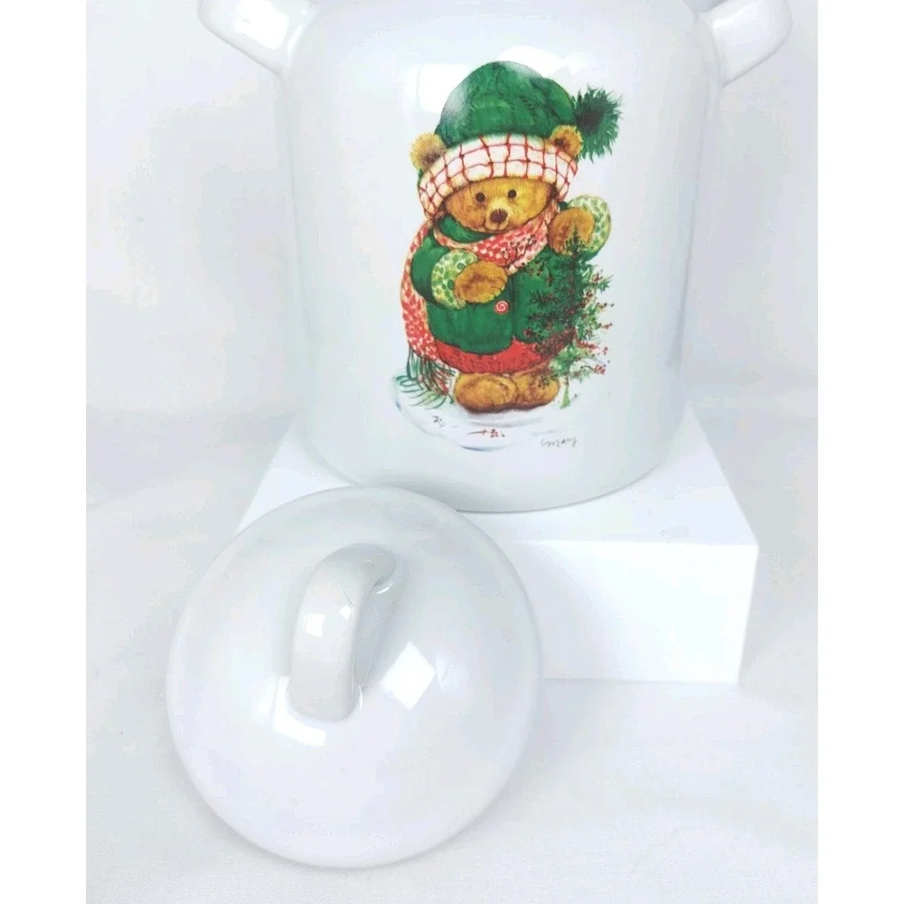 Vtg Hallmark Christmas Teddy Bear Holly Canister Jar Lid‎ Handles 9